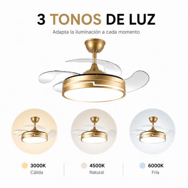Bilake Ventilador de Techo con luz 72W | Silencioso Motor DC | Aspas retractiles Plegables | Lampara Ventilador de Techo Dorado Destro