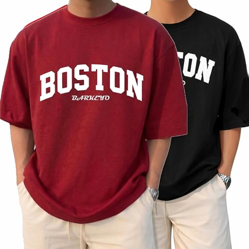 Image of BARKEYO Men's Half Sleeve Round Neck French Terry Graphic Print Oversized Tshirt for Man (Boston-ft) Pack of 2 (in, Alpha, XL, Regular, Red)