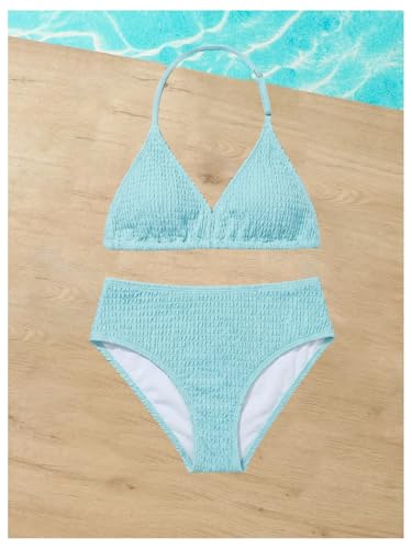 Image of RoseSeek Girl's Tie Dye Smocked 2 Piece Swimwear Sets Backless Halter Bikini Cute Brief Bathing Suit