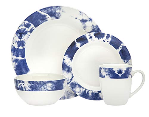 Godinger Tie Dye Dinnerware Set Dinner Plate, Salad Plate, Soup Bowl - Blue - Service Of Four #TOP22
