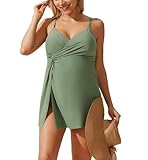 Maacie Swim Dress for Pregnant Women with V-Neck Adjustable Straps and Attached Briefs Comfortable Beach Bathing Suit Light Green