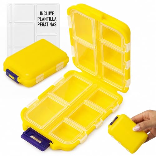 MAMAPAS Pastillero Semanal Amarillo de 10 Compartimentos con Plantilla de Pegatinas   Organizador de Medicamentos   Ideal para Adultos Mayores y Gestión de Medicación Diaria