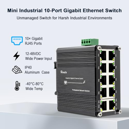 Image of 10 Port Gigabit Ethernet Unmanaged Switch, Industrial Network Switch with 10 x RJ45 Ports, 10 /100 /1000 Mbps, Plug & Play, Metal Case, Supports 12-48V DC Input