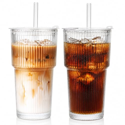 ALINK 2 Stück 600ml Gerippte Glasbecher mit Deckel und Strohhalm Eiskaffee Gläser Longdrinkglas Set Smoothie Becher luftdichtes und wasserdichtes Design ideal als Kaffee