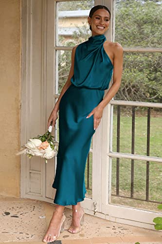 Betianro Women's 2023 Sleeveless Cocktail Dresses Mock Neck Keyhole Elastic High Waist Satin Wedding Guest Evening Party Maxi Dress Blue #TOP3