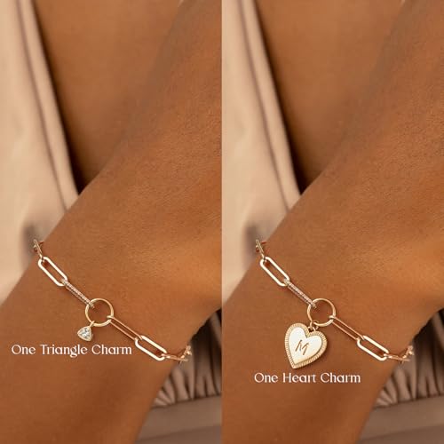 MYEARS Charm Bracelet for Women Gold Initial Halo Heart with Triangle Cubic Zirconia 14K Simple Dainty Paperclip Link Chain Alphabet Personalized Jewelry Gift4