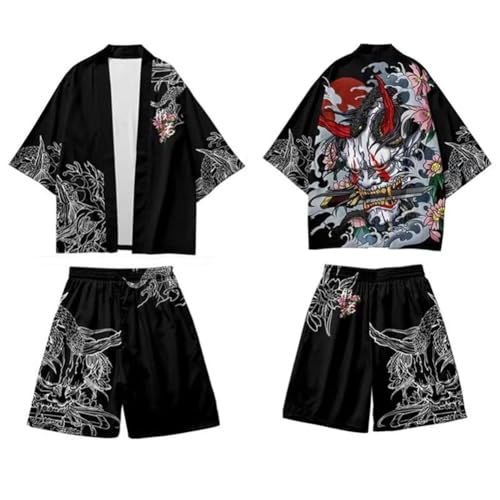 Men's Japanese Kimono Jacket Set Loose Open Front Cardigan Suits Vintage Seven Sleeve Two Piece Coat Robe
