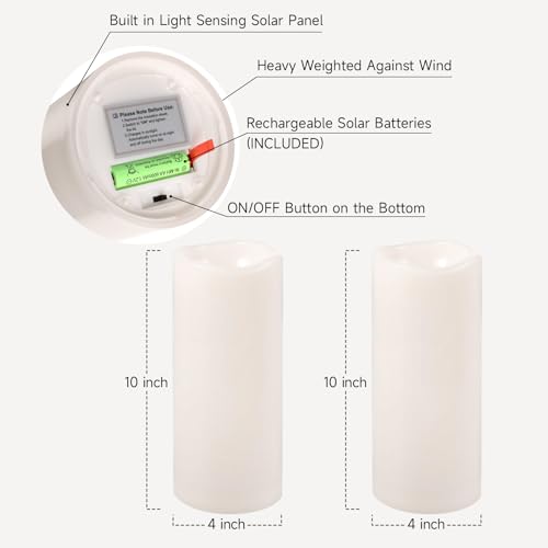 Image of NURADA Large Outdoor Solar Candles Waterproof - 10 inch x 4 inch Rechargeable Solar Powered Flameless LED Pillar Flickering Candle for Patio Porch Lanterns Decor - Ivory White