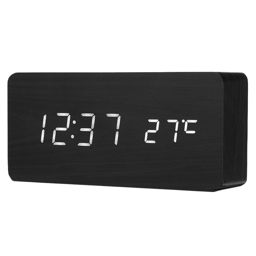 HRWLY LED Digital Wooden Alarm Clock Time Temperature Calendar Desk Home Decor(Argento)