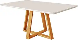 Mesa de Jantar Tampo 120x90 MDF/Vidro para 4 Lugares Pés Madeira Maciça Pérola Mel/OffWhite