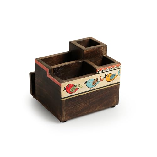 Image of ExclusiveLane 'Flock Of Birds' Cutlery & Stationery Holder (Mango Wood, 5 Partitions) | Handpainted Wooden Cutlery Holder for Kitchen Cutlery organizer Cutlery Holder for Dining Table Cutlery Stand