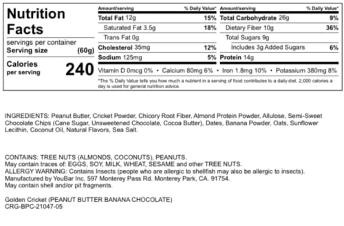 Golden Cricket® Protein Bars (12-count) - Peanut Butter Chocolate Banana - No Dairy, No Gluten, No Soy, High in Nutrients - Image 3