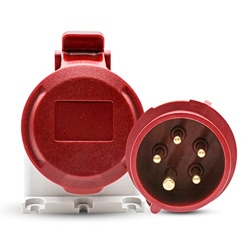 DOJA Industrial | PACK BASE PARED HEMBRA Y ENCHUFE TRIFASICO INDUSTRIAL 380 MACHO | 32A - 3P+N+ T (5 Polos) | Base Mural Cetac Hembra + Toma Corriente de 5 Pines | Enchufe Caravana, Conector Camping