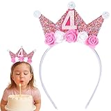 DOPENSPI 4 Jahr Geburtstagskrone Mädchen, Prinzessin Krone Geburtstag Stirnband mit Rose Blumen Geschenk Mädchen Geburtstag Mädchens Geschenke Mädchens 4 Jahre(4 Jahr)