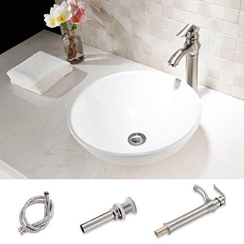 HLBLFY Round Bathroom Sink and Faucet Combo -Round Above Counter White Porcelain Ceramic Bathroom Vessel Sink Basin Washing Bowl Set, Brushed Nickel Single Lever Faucet Matching Pop Up Drain Combo