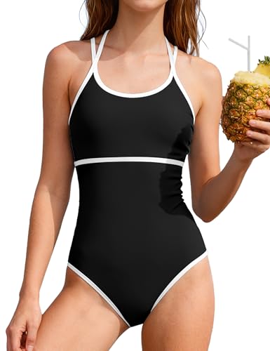Image of WIQI Girls Swimsuit One Piece Bathing Suit Color Contrast Trim Girls' Swimwear with Cover Up Skirt Size 9-16