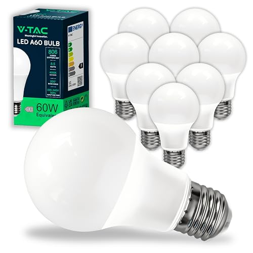 V-TAC 10x Lampadine LED con Attacco E27 8,5W (Equivalenti a 60W) A60 - Nuova Generazione - 806 Lumen - Massima Efficienza e Risparmio Energetico - 3000K Luce Bianca Calda