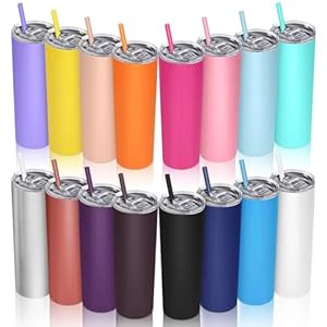16 Packs Skinny Tumblers with Straws and Lids, 20 oz Stainless Steel Slim Tumblers Double Wall Vacuum Insulated Coffee Cups Solid Color Thin Travel Mug for Hot Cold Drink, 16 Colors