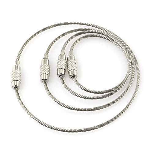 RLECS 20pcs Stainless Steel Wire Keychains 1.5mm Aircraft Cable Key Ring Loops 4 Length 5pcs of Each for Hanging Luggage Tags or ID Tags
