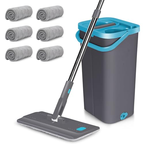 MASTERTOP Serpillière Seau Essoreur, Balai Serpillère Rotatif 360° et Seau à 2 Compartiments, Serpillière Plat pour Nettoyage de Sol avec 6 Tampons...