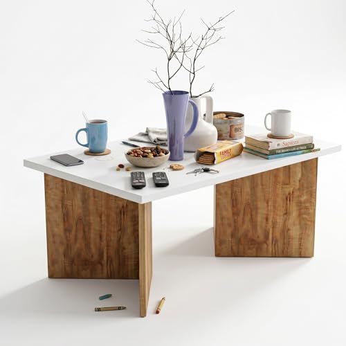 Image of FFO V-Shape Coffee Table for Living Room | Modern Center Table with Engineered Wood Top & Wooden Base | 80x50x40 cm | Stylish Tea Table for Home, Office & Lounge (White & Coach Wood Finish)