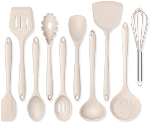Silicone Cooking Utensils Set of 10 Kitchen Utensils for Nonstick Cookware Heat Resistant & Nontoxic Spatula Set- Khaki