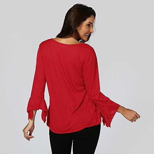Clearance Blouse,Autumn Women V-Neck Lace Stitching 3/4 Flare Sleeve Buttons Tunic Tops Daily Wear (Red, Xl) #TOP4