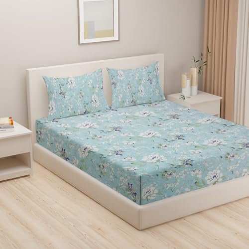 Image of Swayam Roto Cotton King Bedsheet with 2 Pillow Covers | Size 108 x 108 inch | 144 TC | Floral Design | Soft Breathable Bed Sheet | Comfortable & Durable for Bedroom - Blue