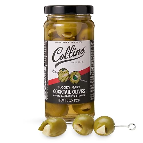 Collins Jalapeno Garlic Stuffed Cocktail Olives, Gourmet Martini Olive Cocktail Garnish, Dirty...
