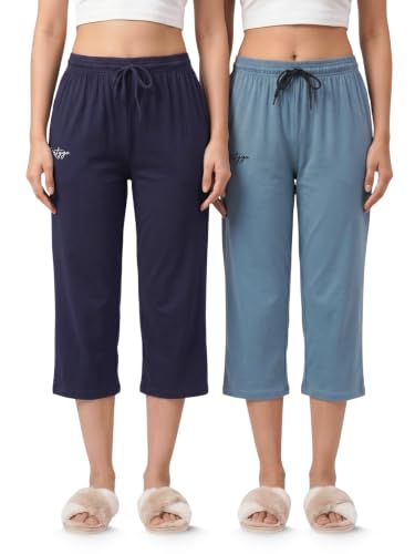 Image of Fflirtygo Women's Cotton Plain Calf Length Capri | Nightwear Short Pyjama | 3 /4th Solid Pyjama Pant | Regular Fit Casual & Lounge Wear Capri Combo (Pack of 2)