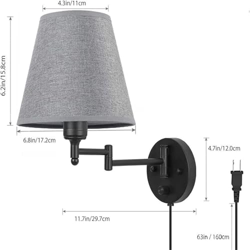 Lámpara de pared E27 regulable gris con cable e interruptor pack de 2 apliques ajustables 2