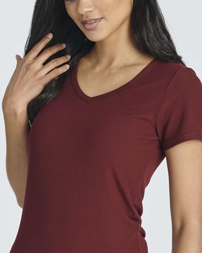 Real Essentials 5 Pack: Women's Soft Ribbed Short Sleeve V-Neck T-Shirt Casual Summer Tee Shirts3