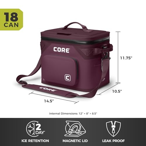 Image of CORE Magnetic Leak Proof Soft Cooler with Waterproof Zipper | Insulated Bag Portable Ice Chest Box | Best Soft Cooler for Food & Beverages for Tailgating, Car Camping, Travel, and Family Beach Picnics