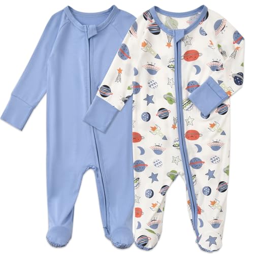Image of Aablexema Baby Footed Coverall Pajamas with Mittens Rayon from Bamboo 2pcs Newborn Infant 2-way Zipper Outfit