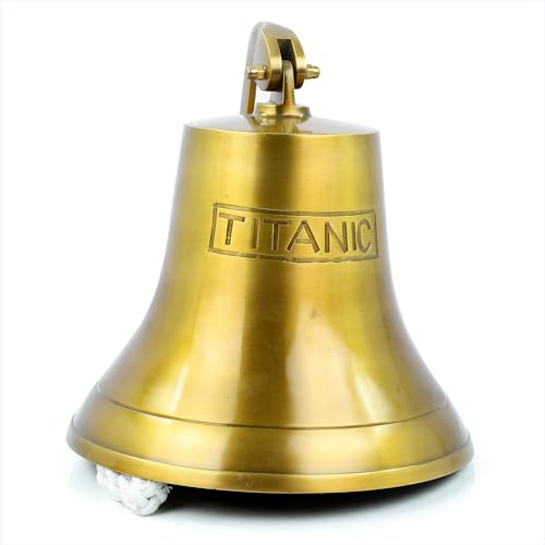 Titanic Bell - Campana de bronce antiguo con mango de soporte, grabado clásico de campana de barco, barco náutico y decoración de pared vintage marítimo para colgar e ideas de regalo