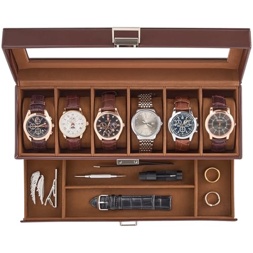 ProCase Watch Case, 6 Slot Mens Watch Box Holder Organizer with Glass Lid, 2-Layer Watches Display Case, Mens Jewelry Box with Drawer, Birthday Valent