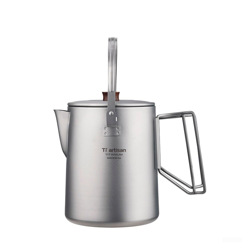 Hervidor de camping de titanio de 1,5 L con mango de madera, cafetera ligera para exteriores con boquilla de filtro para senderismo, mochileros, uso en estufas