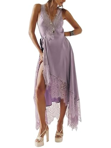 Image of SANSIWU Summer Satin Lace Slip Maxi Dresses for Women V Neck High Low Hem Asymmetrical Sheer Flowy Split Long Dress (Light Purple, L)