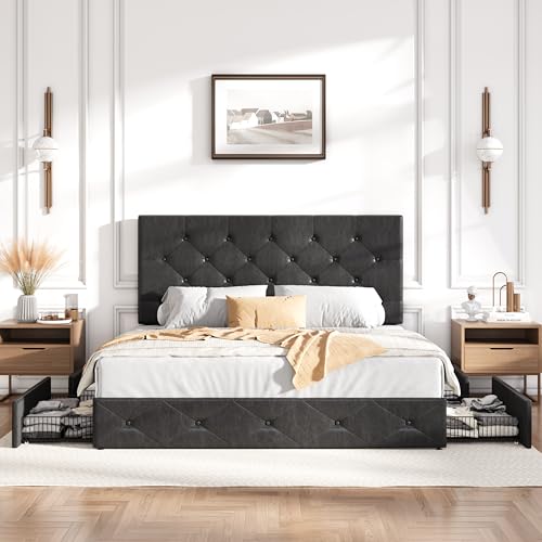 image for SHA CERLIN Upholstered Full Size Platform Bed Frame with 4 Storage Dra