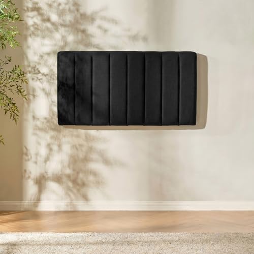 Image of Hearth & Harbor Wall Mounted Twin Headboard Only, Bed Headboard Twin Size | Easy Assemble, Floating Peel and Stick, Upholstered, Channel Stitched, 3D Wall Panels, 5 Strips of 3M Tape Included, Black