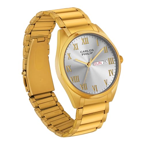 Image of Carlos Philip Men's Roman Numeral Analog Watch - Day and Date Display, Stainless Steel Strap, Quartz Movement, Business Style Watch for Men