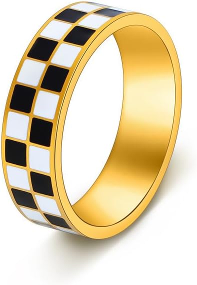 14K Gold Chessboard Band Finger Ring Statement Black and White Titanium Steel Ring Comfort Fit Size 5-10