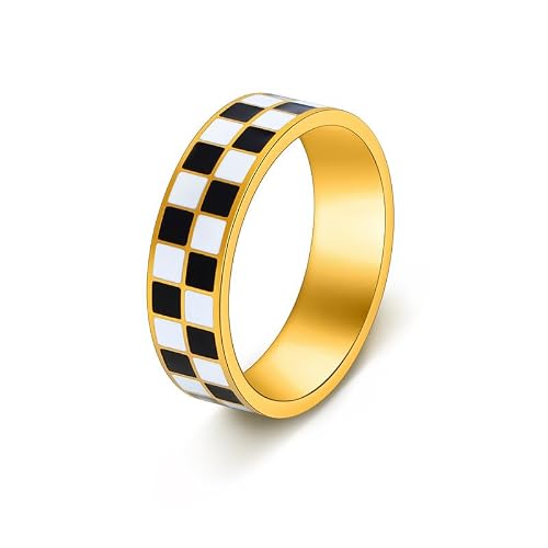 TengRiah 14K Gold Chessboard Band Finger Ring Statement Black and White Titanium Steel Ring Comfort Fit Size 5-10-size 8
