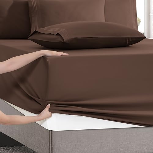 Image of Mocassi Luxury 6-Piece Sheet Set, Ultra Soft 1800 Premium Hotel Quality Microfiber Sheet Set, Fits Mattresses Up to 18 to 24 Inches Extra Deep Pocket - Breathable and Secure Fit, Cal King, Brown