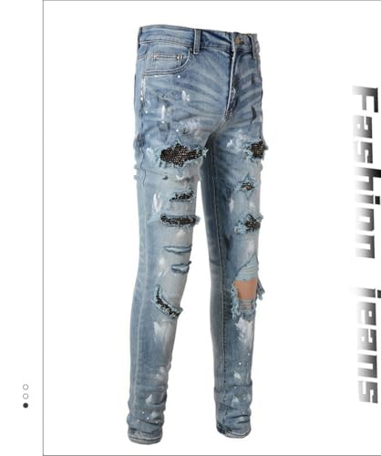 Jeans Pants Trousers Denim Men Street Trendy Piercing with Zircon Sequin Blue Hairy Personalized Spray Paint Stretch Slim Fit Small Foot Casual(Blue,29)2