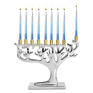 Ner Mitzvah Tree of Life Hanukkah Menorah Fits All Standard Chanukah Candles Modern Chrome Candle Menorahs for Chanukah Silver with Gold Tips