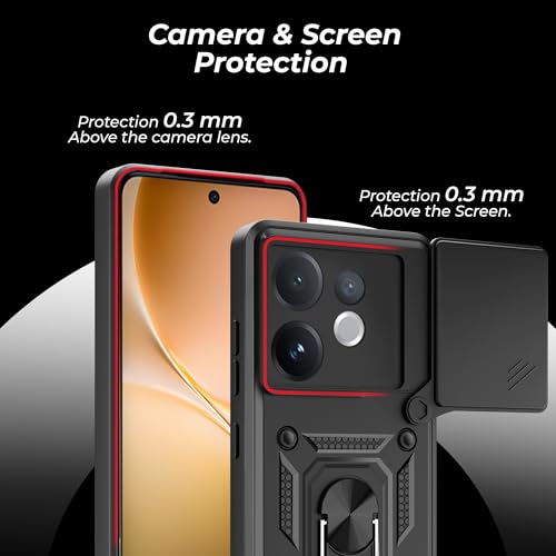 Image of A rtistque Armor Bumper Back Case Cover for Vivo V60 5G / T4 Pro / V60e 5G | Stylish Ring Holder & Inbuilt Stand | Sliding Camera Cover | Shockproof TPU Protective Design | Back Cover - Black