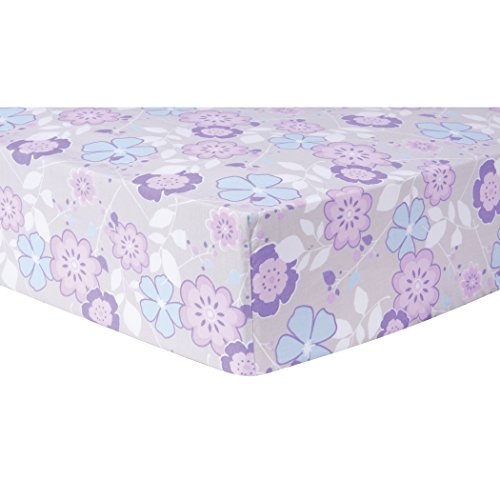 Grace Floral Fitted Crib Sheet - Large Floral Gray Print Cotton, Purple, Blue, Gray and White, Fully Elasticized, 8 in Deep Pockets, Fits Standard Crib Mattress 28 in x 52 in