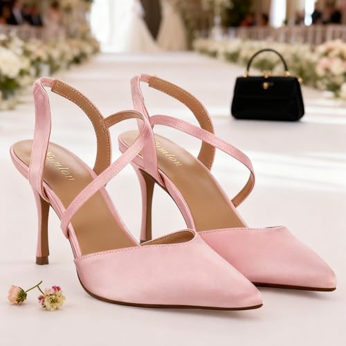 Women's Closed Toe High Stiletto Heel for Women 3.3 Inch Ankle Strap Pointed Toe Heels Pumps Prom Dress Bride Satin Shoes for Wedding Dinner Party Sexy Pink3