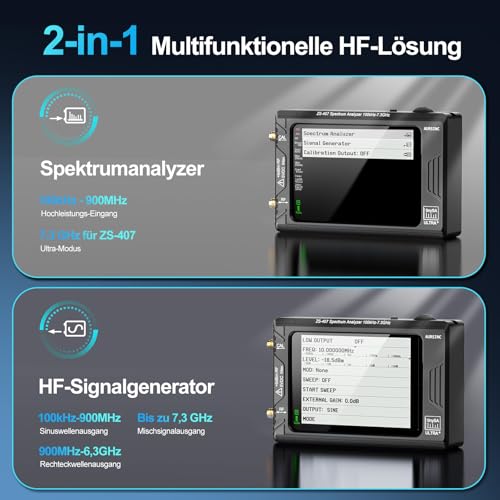 AURSINC Tinysa Ultra+ ZS407 Spektrumanalysator, 4,0 Zoll 100 kHz-7,3 GHz Tinysa Handheld-Frequenzanalysator, 2-in-1 RF-Signalgenerator 100 kHz bis 900 MHz MF/HF/VHF/UHF-Eingang, HW V0.5.4